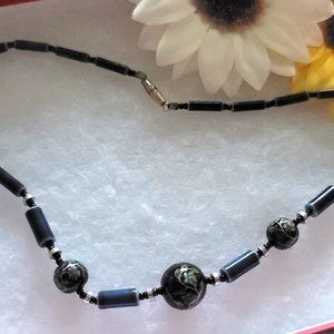 Cobalt Blue Glass Beads with Delicate Flowers Necklace/Choker with Barrel Clasp.